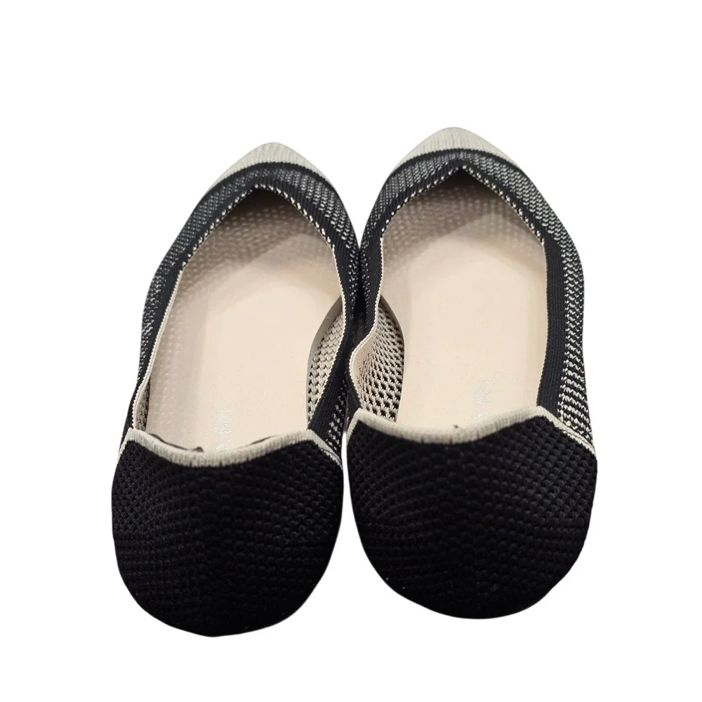 Tahari Antigua Pointed Toe Knit Ballet Flats Black Ivory Sz 8 Quiet Luxury Chic